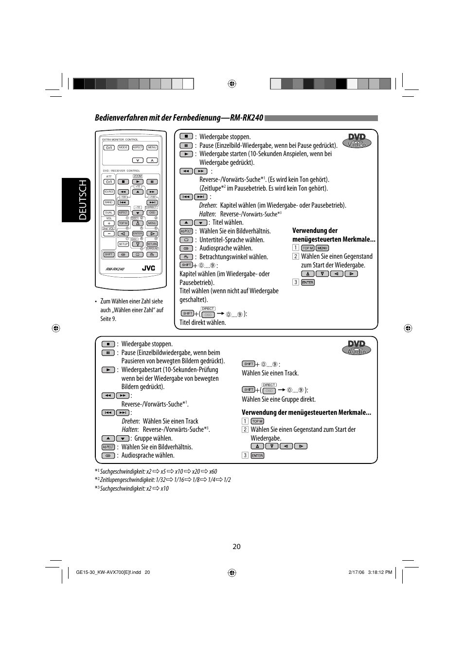 Deutsch, Bedienverfahren mit der fernbedienung—rm-rk240, Es wird kein ton gehört). (zeitlupe | Titel direkt wählen, Verwendung der menügesteuerten merkmale | JVC Exad KW-AVX 700 User Manual | Page 78 / 235