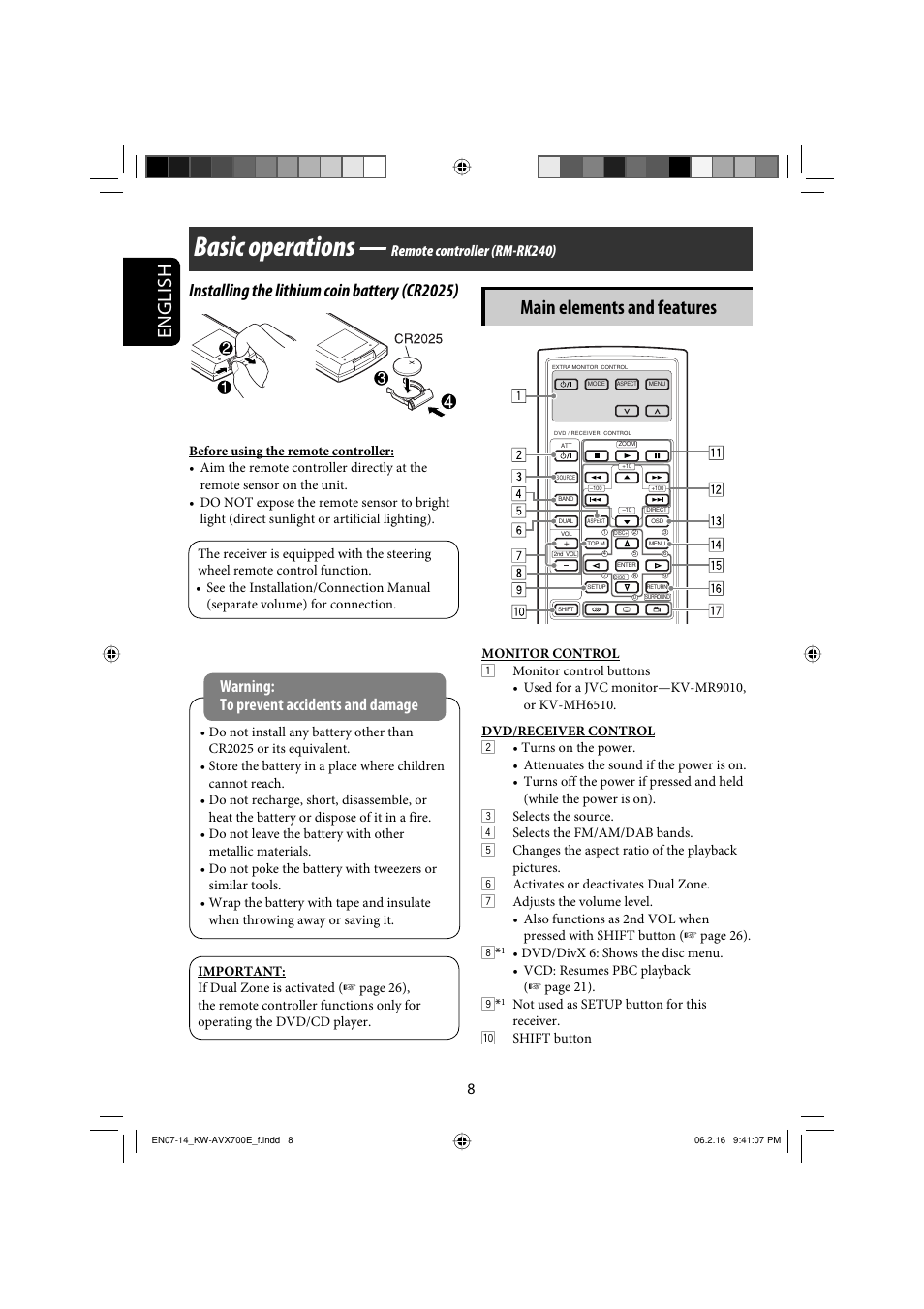 Remote controller (rm-rk240), Basic operations, English | Main elements and features, Installing the lithium coin battery (cr2025), Warning: to prevent accidents and damage | JVC Exad KW-AVX 700 User Manual | Page 8 / 235