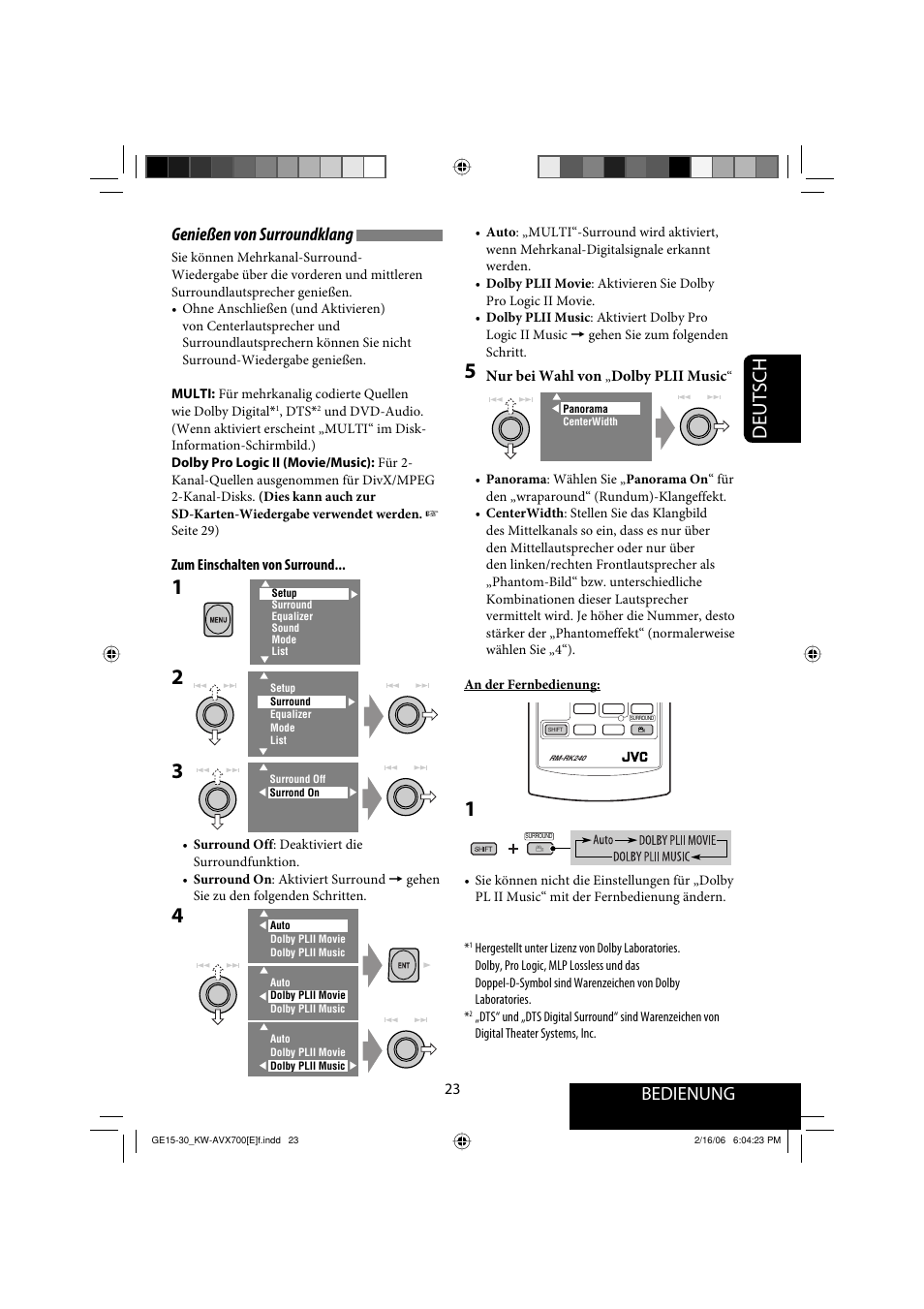 Deutsch, Bedienung, Genießen von surroundklang | JVC Exad KW-AVX 700 User Manual | Page 81 / 235
