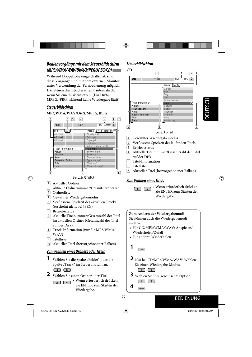 Deutsch, Bedienung, Steuerbildschirm | Zum wählen eines ordners oder titels, Zum wählen eines titels | JVC Exad KW-AVX 700 User Manual | Page 85 / 235
