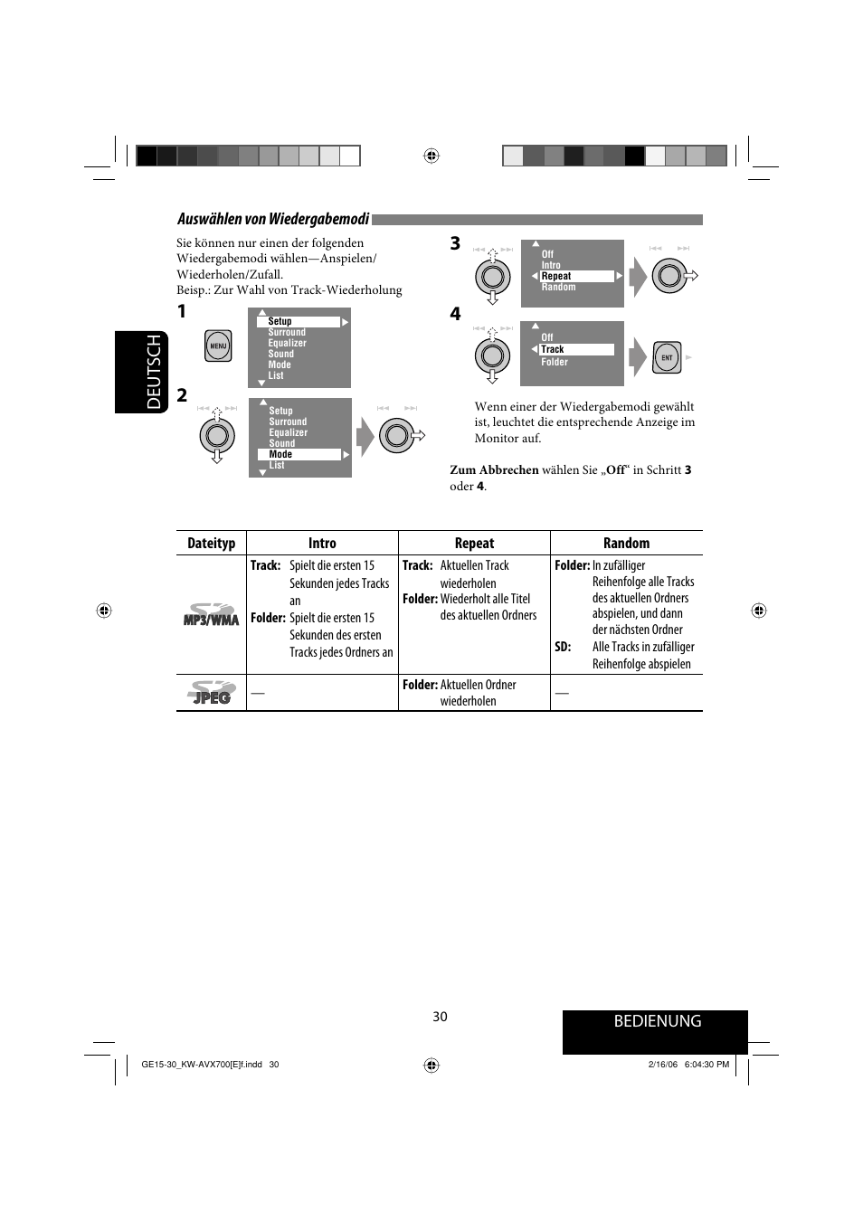 Deutsch, Auswählen von wiedergabemodi, Bedienung | JVC Exad KW-AVX 700 User Manual | Page 88 / 235