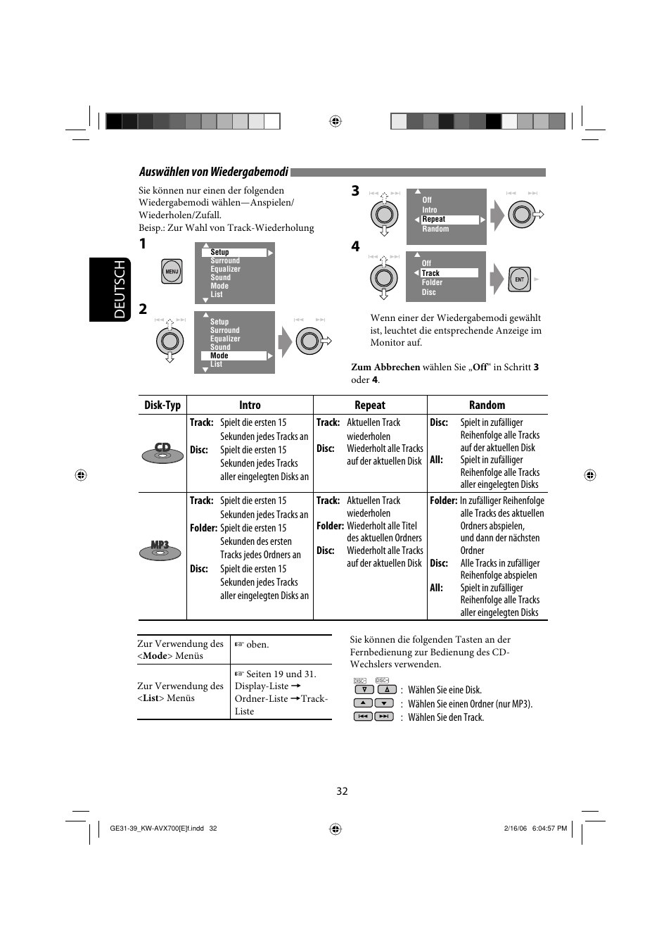 Deutsch, Auswählen von wiedergabemodi | JVC Exad KW-AVX 700 User Manual | Page 90 / 235