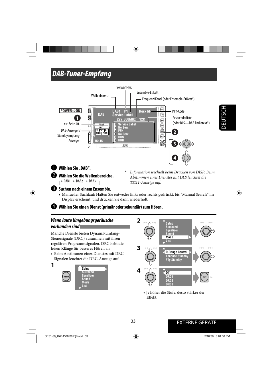 Dab-tuner-empfang, Deutsch, Externe geräte | Wenn laute umgebungsgeräusche vorhanden sind | JVC Exad KW-AVX 700 User Manual | Page 91 / 235
