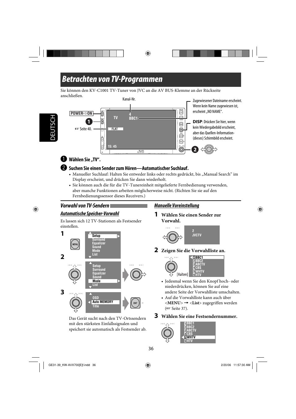 Betrachten von tv-programmen, Deutsch, Vorwahl von tv-sendern | JVC Exad KW-AVX 700 User Manual | Page 94 / 235