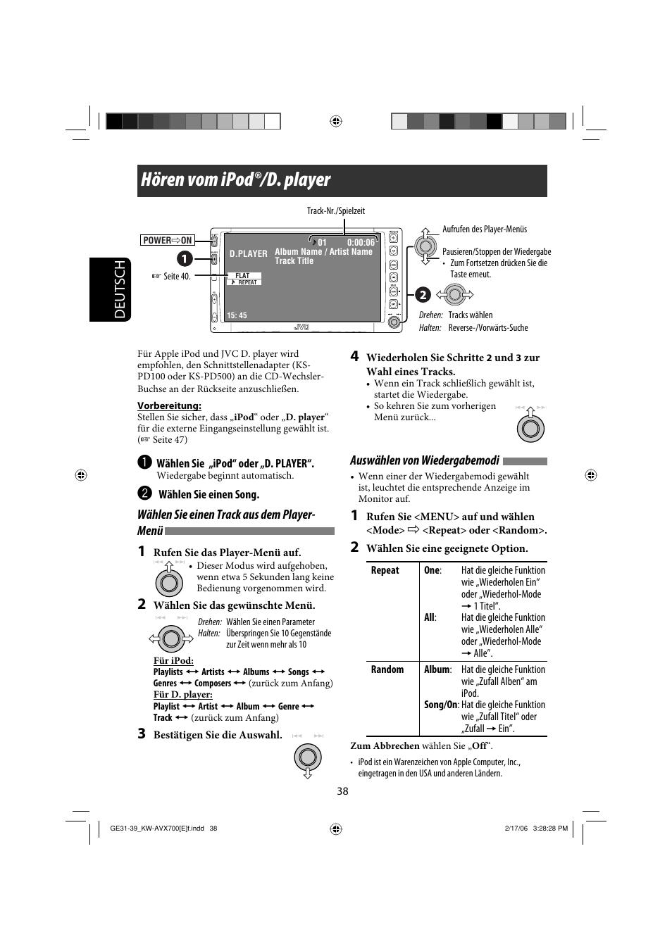 Hören vom ipod®/d. player, Deutsch, Wählen sie einen track aus dem player- menü | Auswählen von wiedergabemodi | JVC Exad KW-AVX 700 User Manual | Page 96 / 235