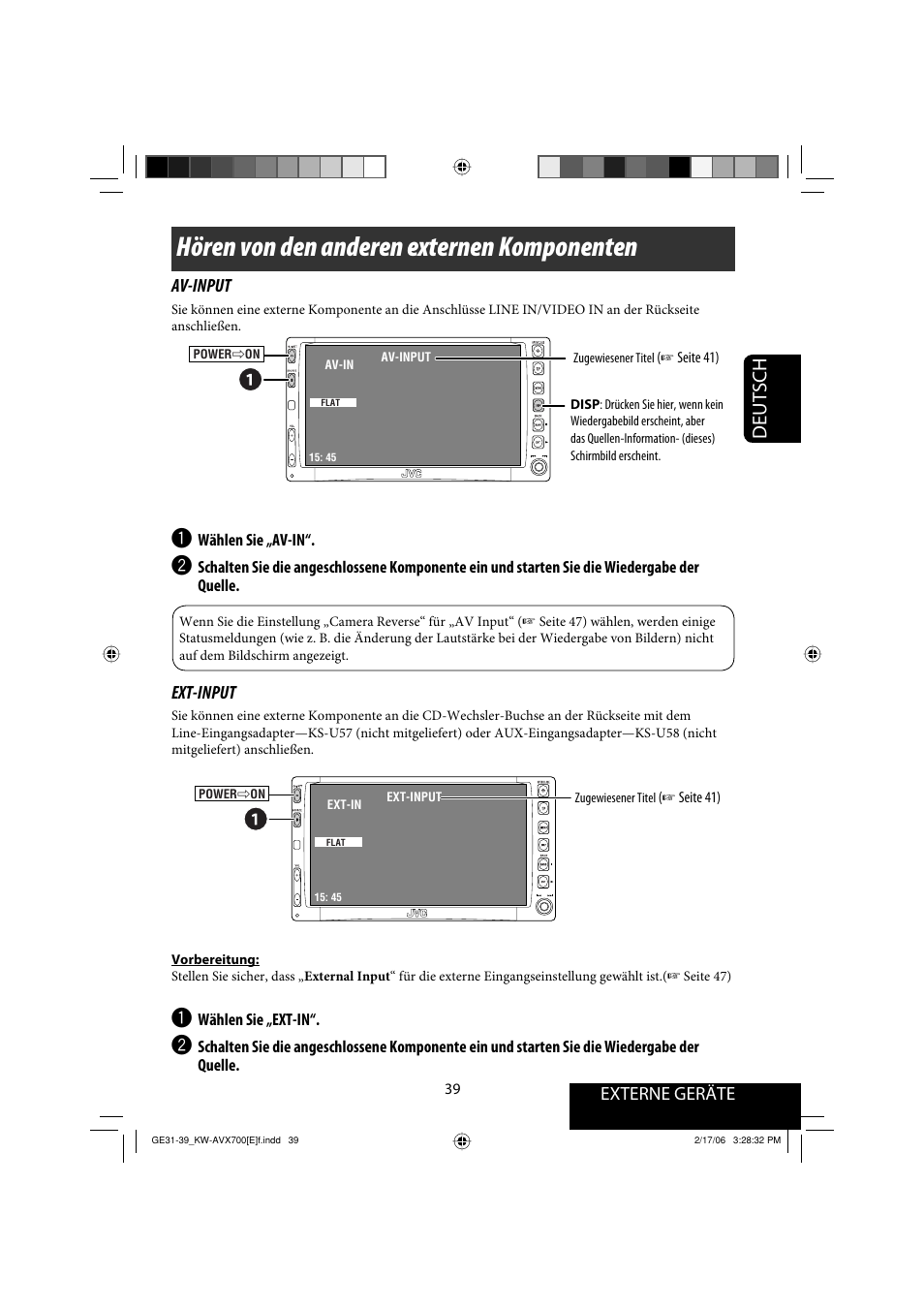 Hören von den anderen externen komponenten, Deutsch, Externe geräte | Av-input, Ext-input | JVC Exad KW-AVX 700 User Manual | Page 97 / 235
