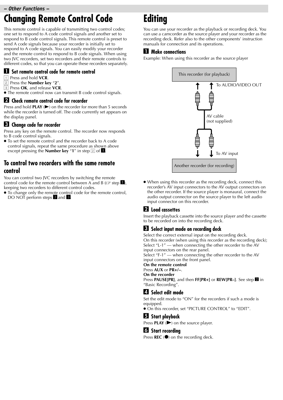 Changing remote control code, Editing | JVC HR-J481MS User Manual | Page 12 / 16