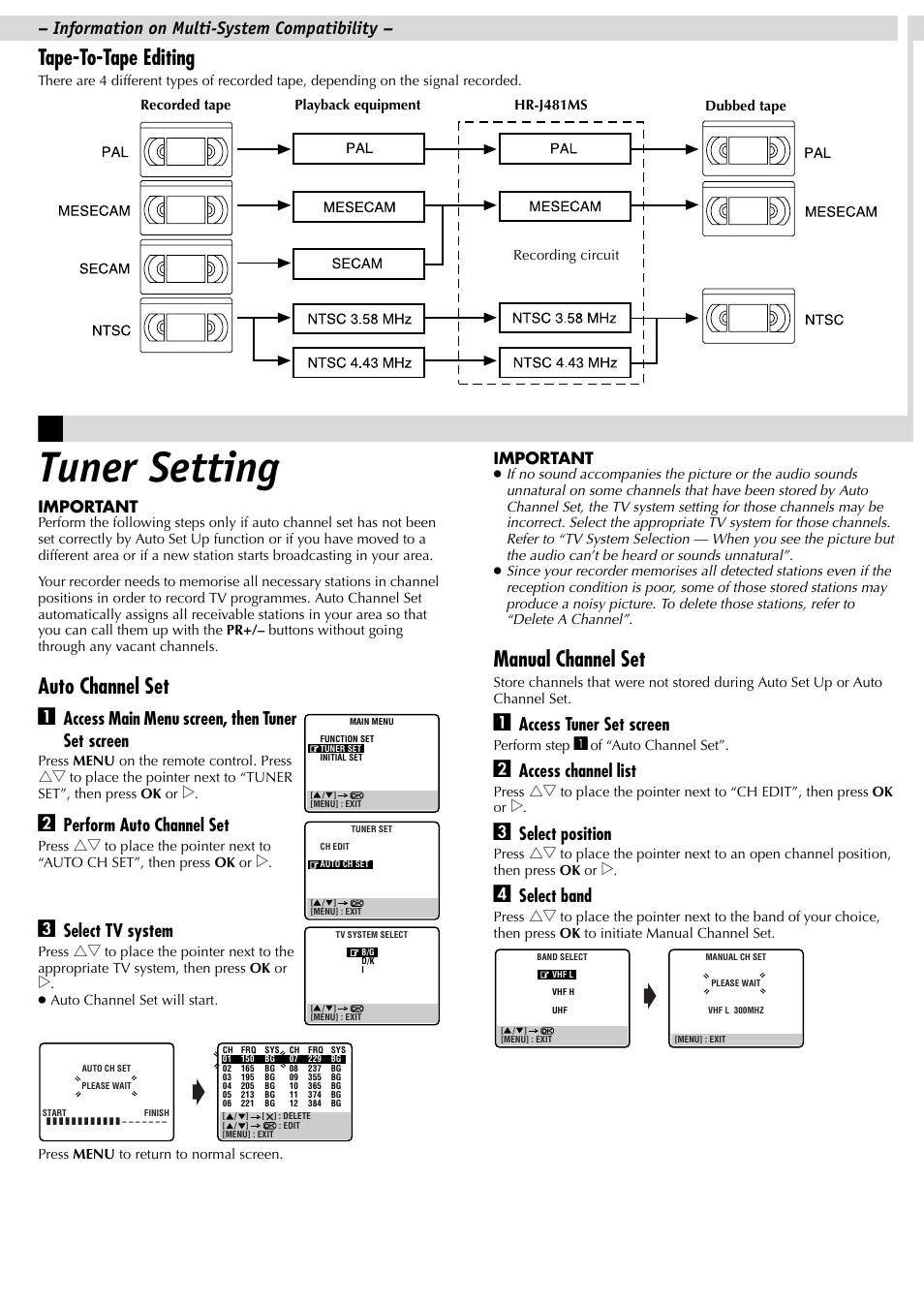 Tuner setting, Tape-to-tape editing, Auto channel set a | Manual channel set, Access main menu screen, then tuner set screen, Perform auto channel set, Select tv system, Access tuner set screen, Access channel list, Select position | JVC HR-J481MS User Manual | Page 14 / 16