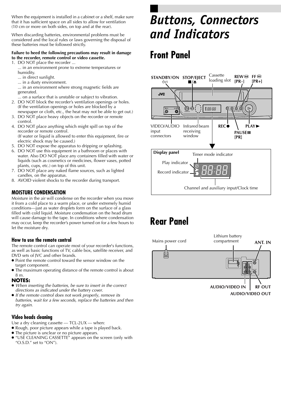 Buttons, connectors and indicators, Front panel rear panel | JVC HR-J481MS User Manual | Page 2 / 16