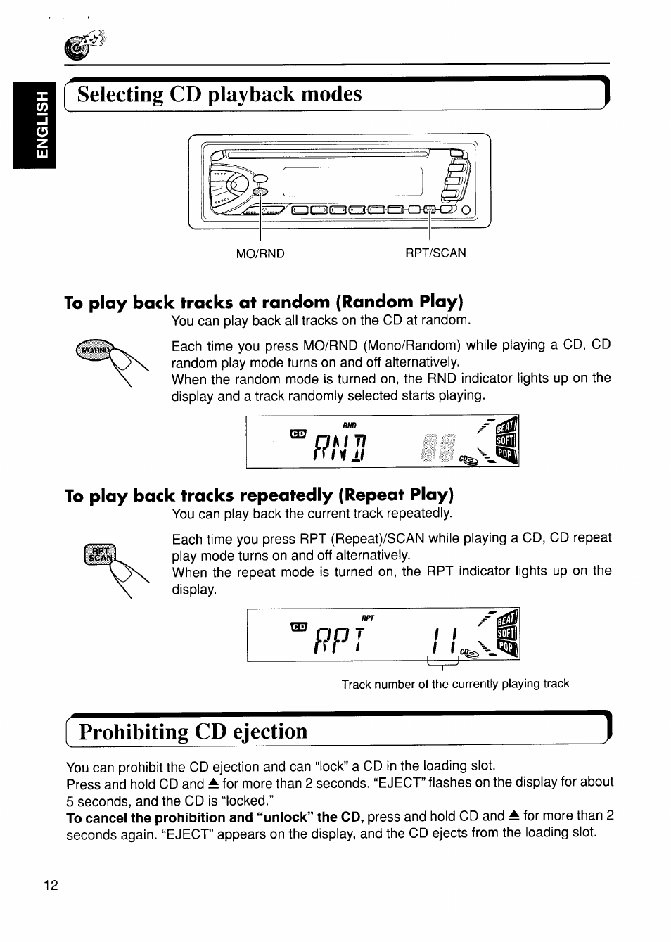 Selecting cd playback modes, Prohibiting cd ejection | JVC KD-S575 User Manual | Page 12 / 24