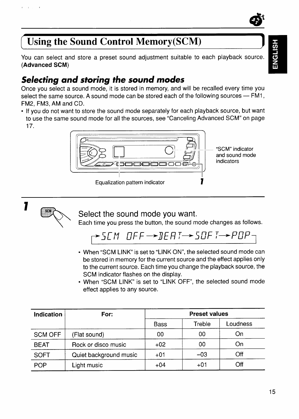 Using the sound control memory(scm), Select the sound mode you want, Selecting and storing the sound modes | JVC KD-S575 User Manual | Page 15 / 24