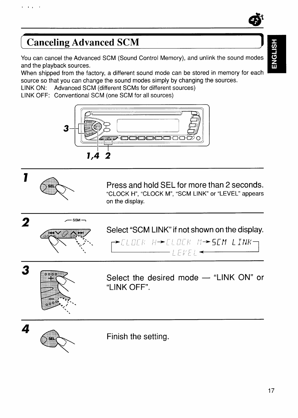 Canceling advanced scm, Select “scm link” if not shown on the display, Select the desired mode “link off | Link on” or, Finish the setting | JVC KD-S575 User Manual | Page 17 / 24