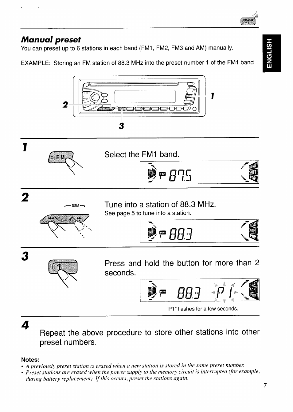 Select the fm1 band, Tune into a station of 88.3 mhz, Manual preset | JVC KD-S575 User Manual | Page 7 / 24