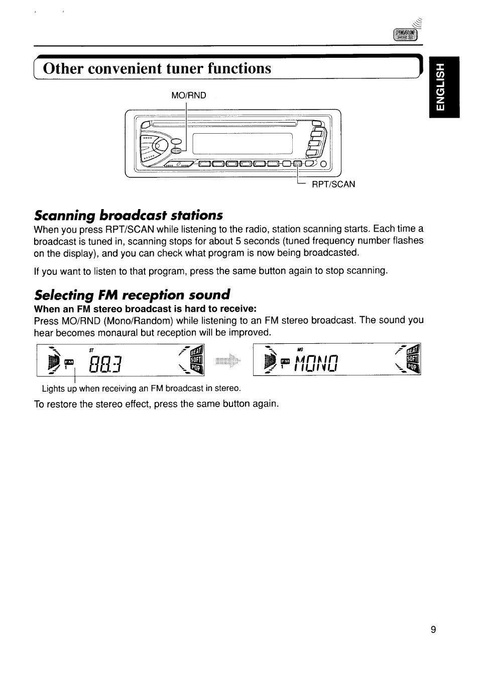 Other convenient tuner functions, Scanning broadcast stations, Selecting fm reception sound | JVC KD-S575 User Manual | Page 9 / 24