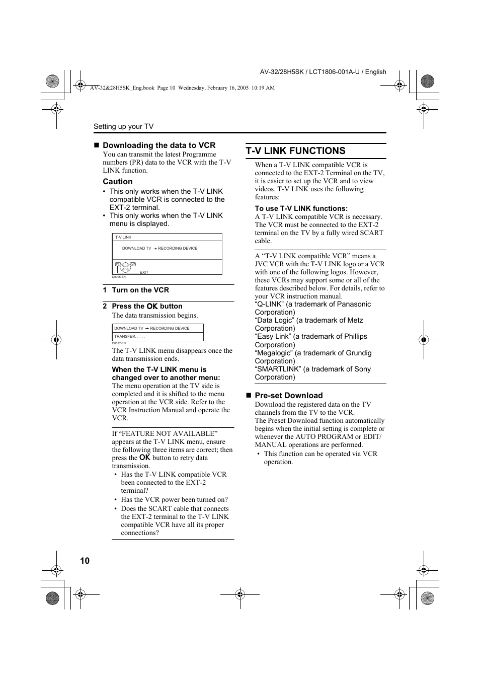 T-v link functions, Ons, see “t-v link, Downloading the data to vcr” on | JVC 0305MKH-CR-MU User Manual | Page 101 / 135