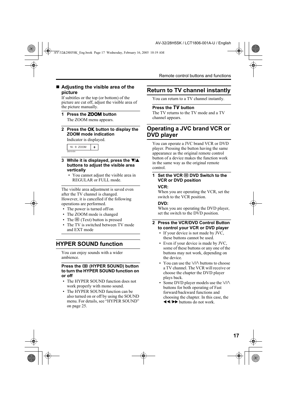Hyper sound function, Return to tv channel instantly, Operating a jvc brand vcr or dvd player | Player | JVC 0305MKH-CR-MU User Manual | Page 108 / 135