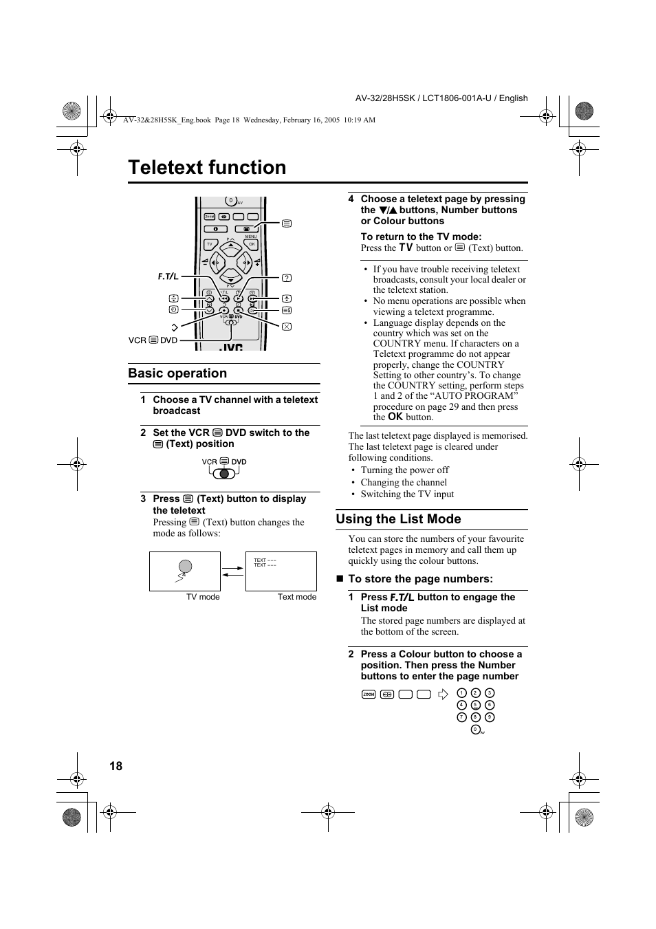 Teletext function, Basic operation, Using the list mode | Basic operation using the list mode | JVC 0305MKH-CR-MU User Manual | Page 109 / 135