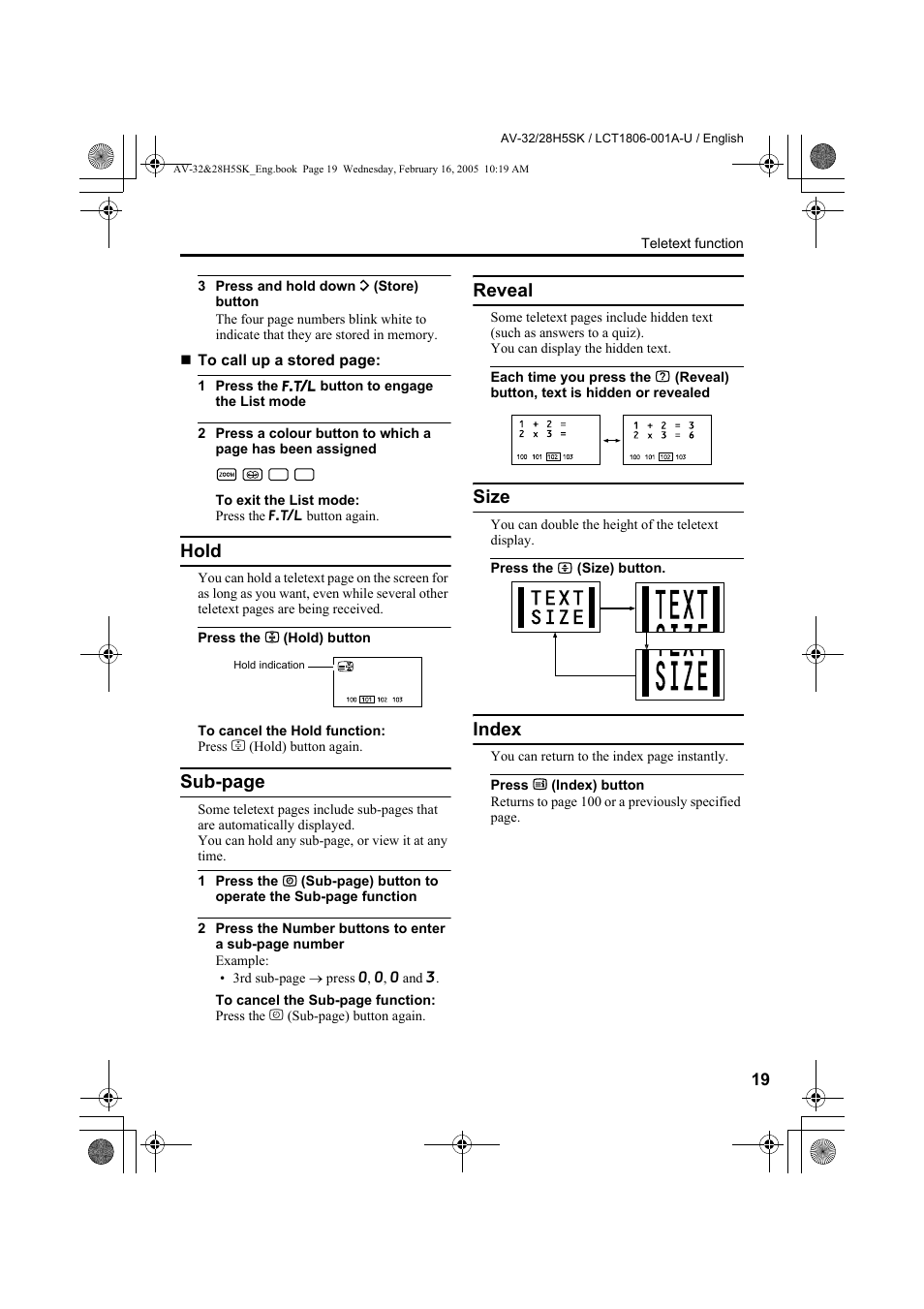 Hold, Reveal, Size | Index, Sub-page | JVC 0305MKH-CR-MU User Manual | Page 110 / 135