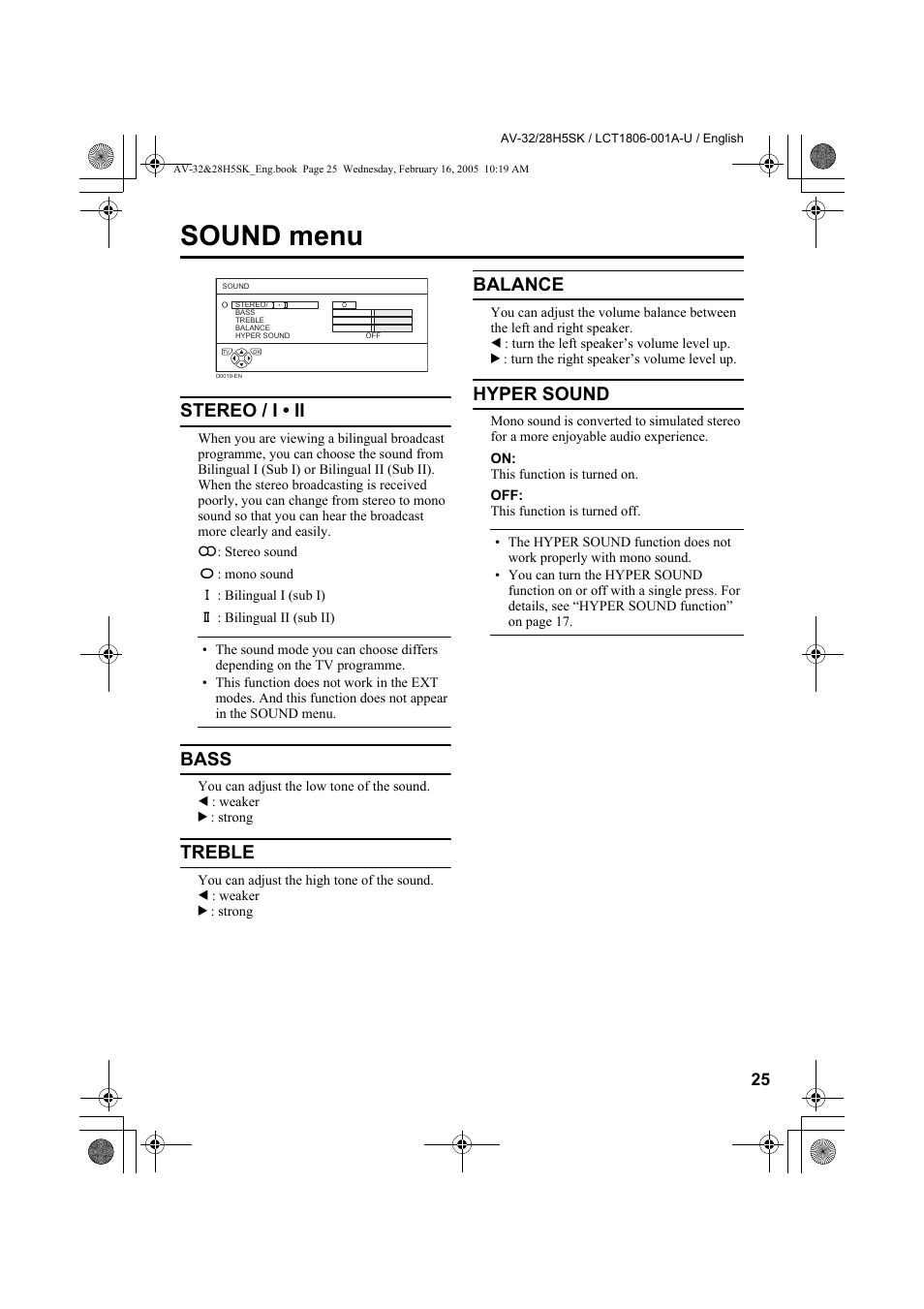 Sound menu, Stereo / i • ii, Bass | Treble, Balance, Hyper sound, Stereo / i • ii bass treble balance hyper sound | JVC 0305MKH-CR-MU User Manual | Page 116 / 135