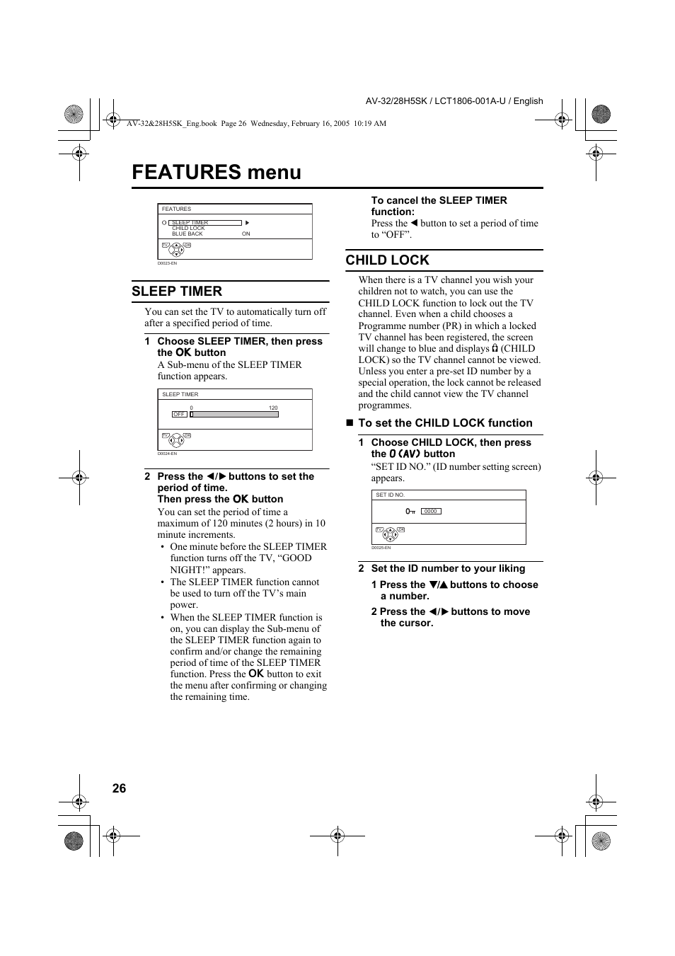 Features menu, Sleep timer, Child lock | Sleep timer child lock | JVC 0305MKH-CR-MU User Manual | Page 117 / 135