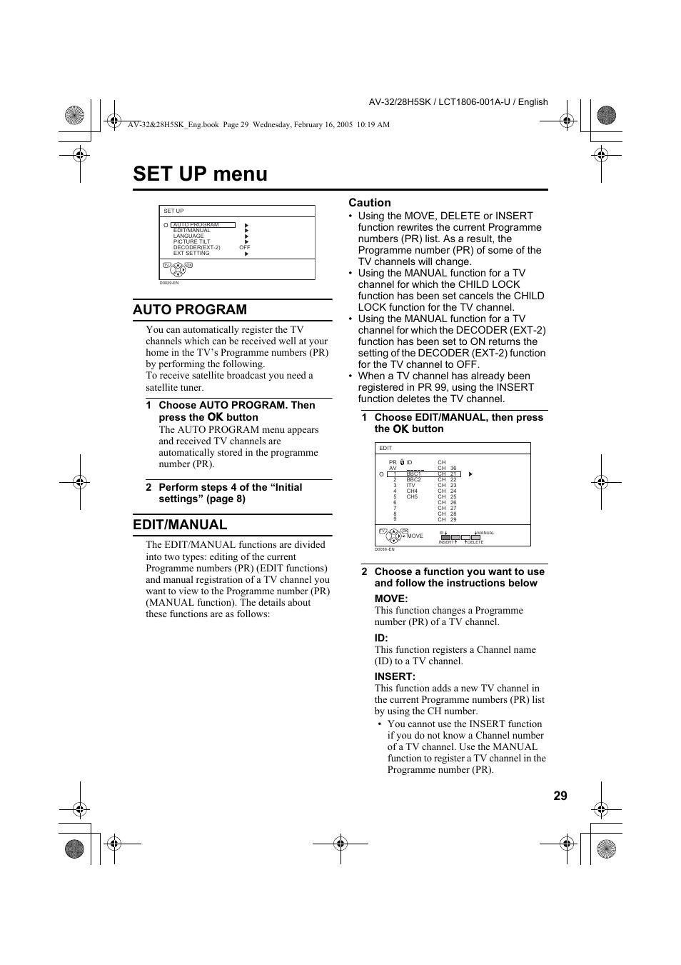 Set up menu, Auto program, Edit/manual | Auto program edit/manual, Edit, Caution | JVC 0305MKH-CR-MU User Manual | Page 120 / 135