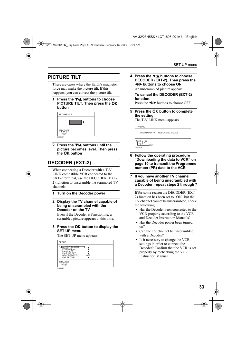 Picture tilt, Decoder (ext-2), Picture tilt decoder (ext-2) | E “decoder (ext-2)” on | JVC 0305MKH-CR-MU User Manual | Page 124 / 135