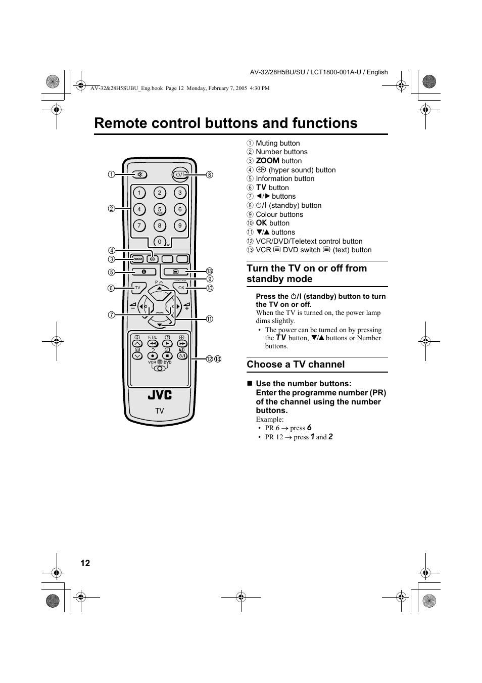 Remote control buttons and functions, Turn the tv on or off from standby mode, Choose a tv channel | Remote control buttons and, Functions | JVC 0305MKH-CR-MU User Manual | Page 13 / 135
