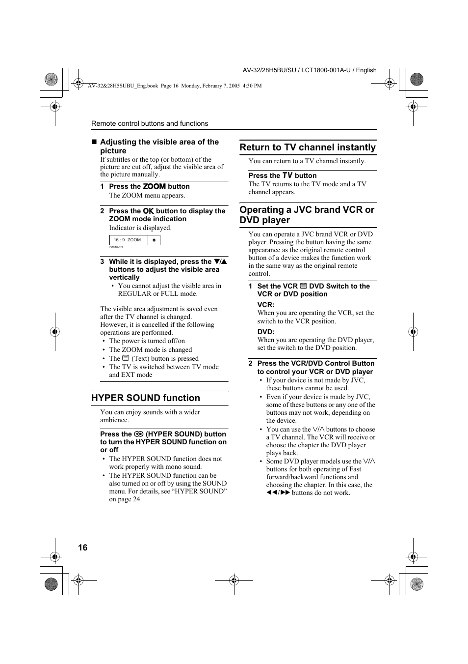 Hyper sound function, Return to tv channel instantly, Operating a jvc brand vcr or dvd player | Player | JVC 0305MKH-CR-MU User Manual | Page 17 / 135