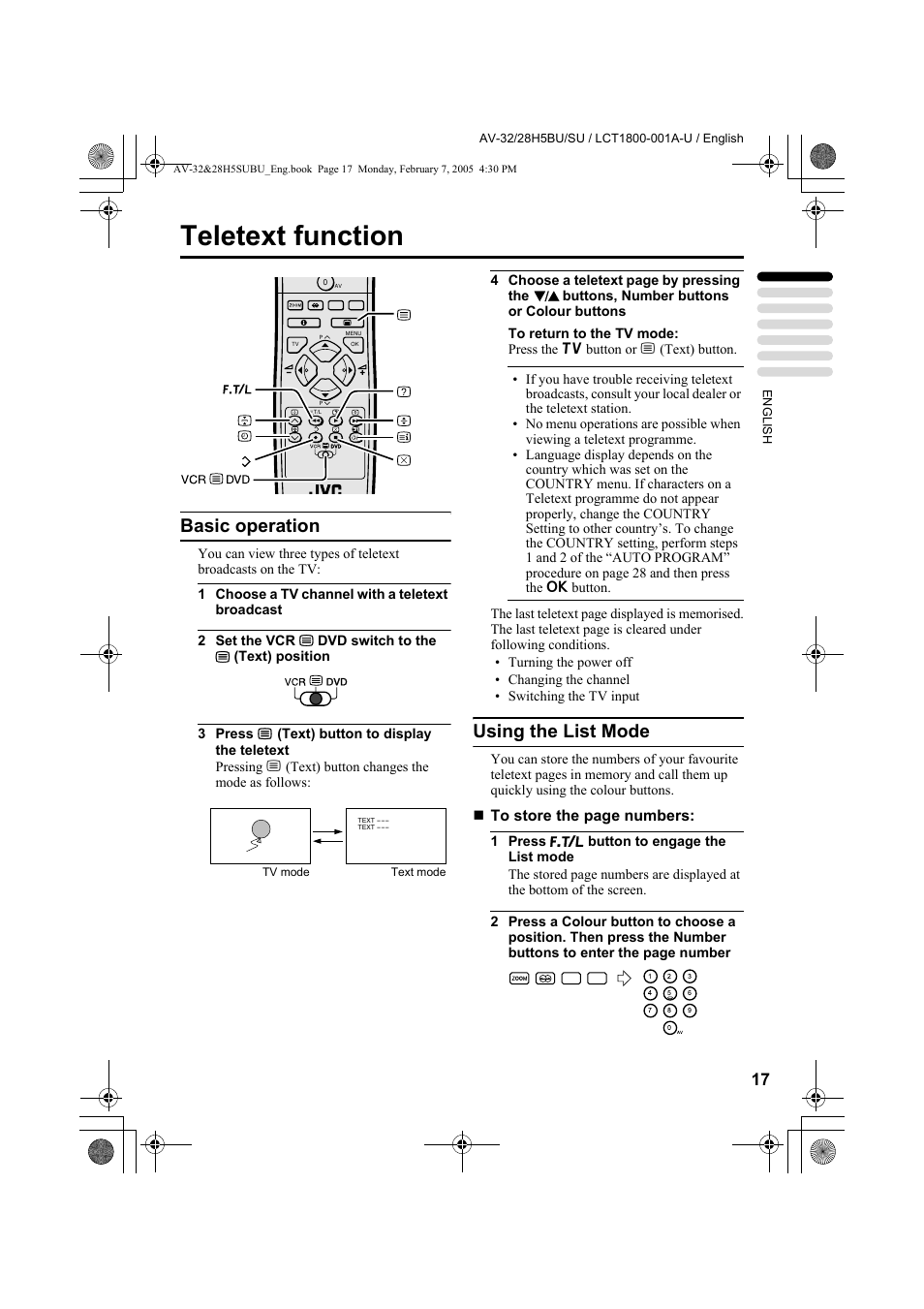 Teletext function, Basic operation, Using the list mode | Basic operation using the list mode | JVC 0305MKH-CR-MU User Manual | Page 18 / 135