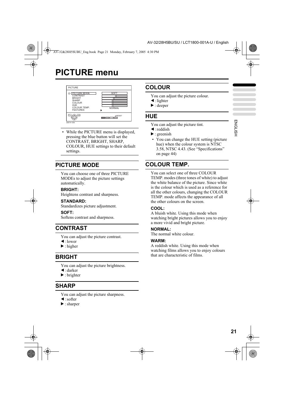 Picture menu, Picture mode, Contrast | Bright, Sharp, Colour, Colour temp | JVC 0305MKH-CR-MU User Manual | Page 22 / 135