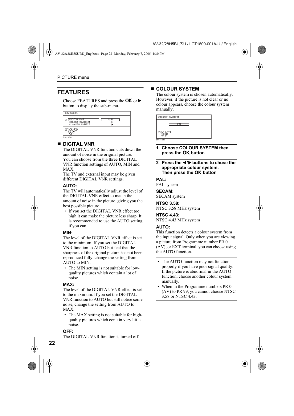 Features, Colour | JVC 0305MKH-CR-MU User Manual | Page 23 / 135