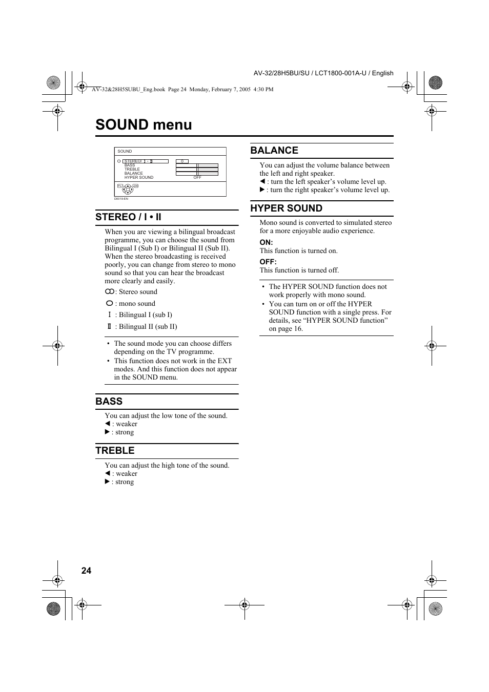 Sound menu, Stereo / i • ii, Bass | Treble, Balance, Hyper sound, Stereo / i • ii bass treble balance hyper sound | JVC 0305MKH-CR-MU User Manual | Page 25 / 135