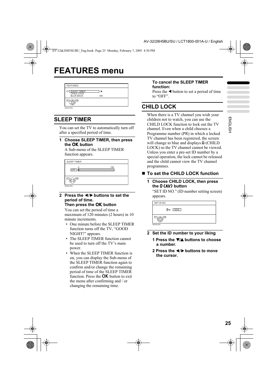 Features menu, Sleep timer, Child lock | Sleep timer child lock | JVC 0305MKH-CR-MU User Manual | Page 26 / 135