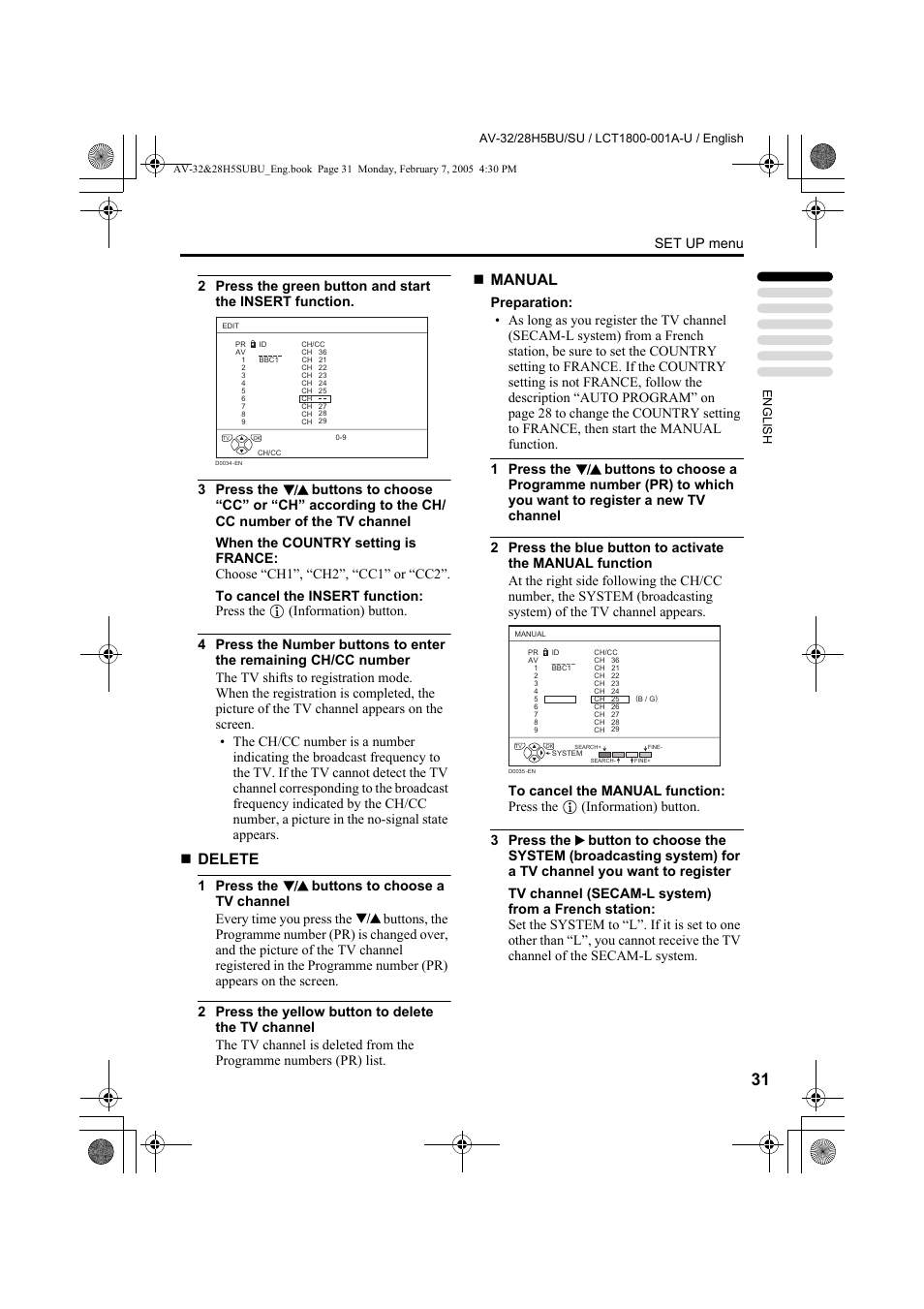 Delete, Manual, Set up menu | JVC 0305MKH-CR-MU User Manual | Page 32 / 135