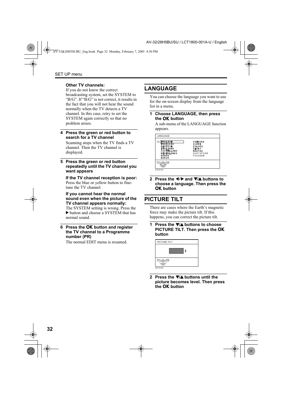 Language, Picture tilt, Language picture tilt | JVC 0305MKH-CR-MU User Manual | Page 33 / 135