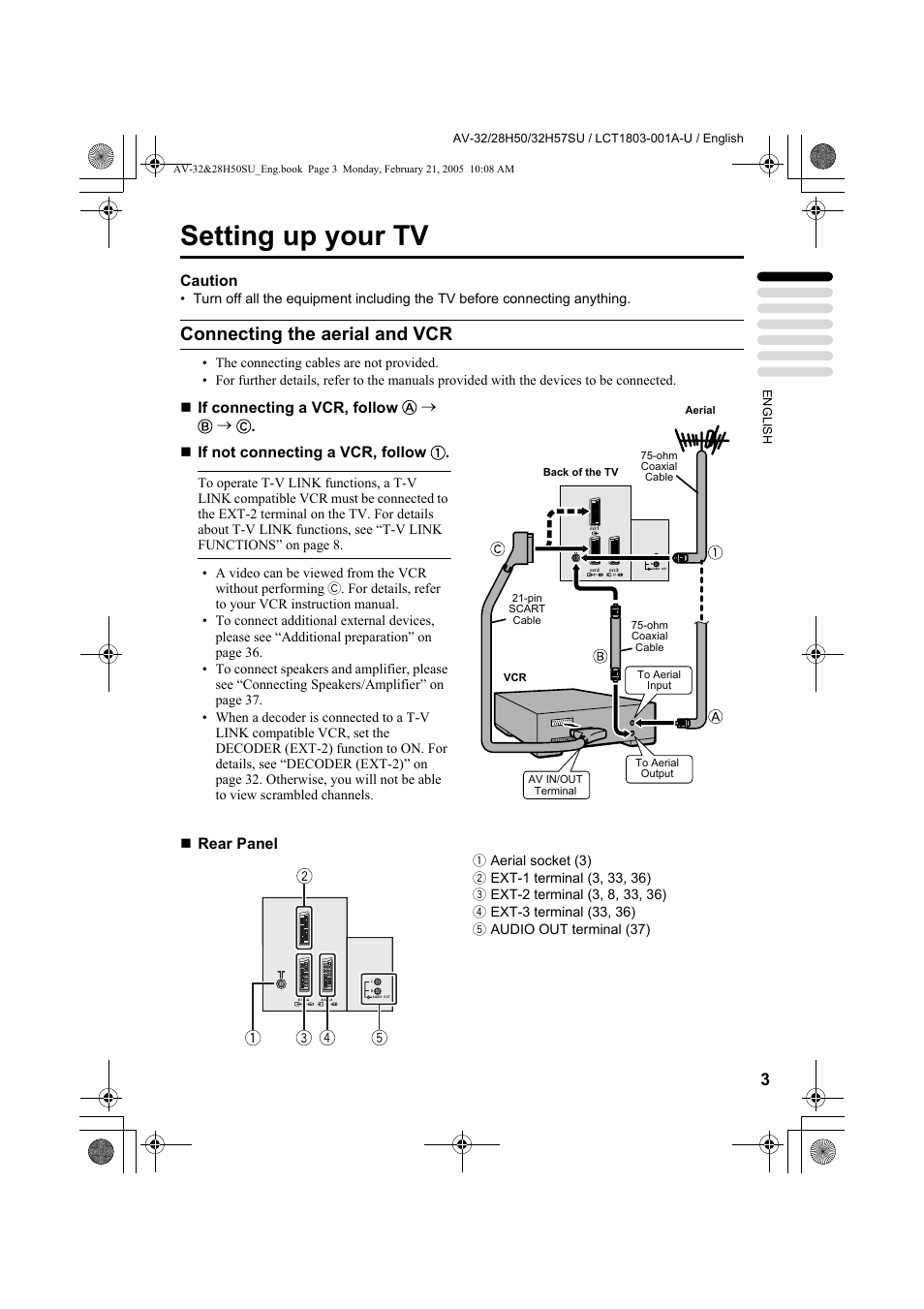 Setting up your tv, Connecting the aerial and vcr, Caution | Rear panel | JVC 0305MKH-CR-MU User Manual | Page 50 / 135