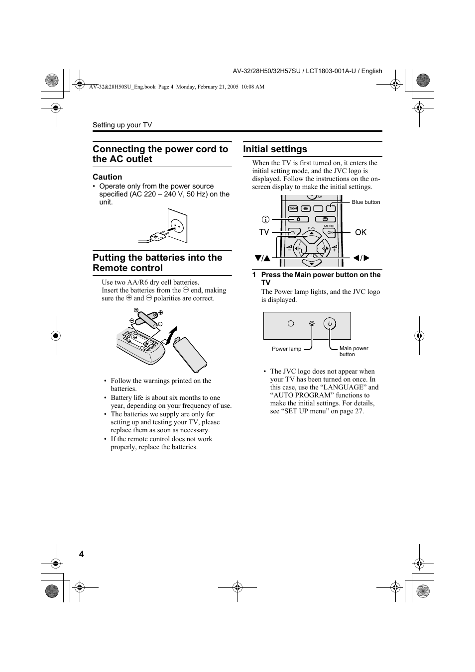 Connecting the power cord to the ac outlet, Putting the batteries into the remote control, Initial settings | JVC 0305MKH-CR-MU User Manual | Page 51 / 135