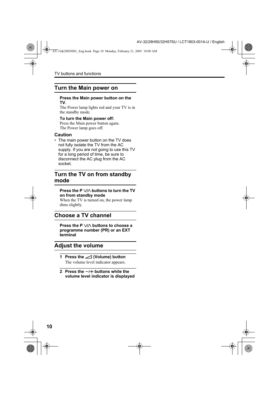 Turn the main power on, Turn the tv on from standby mode, Choose a tv channel | Adjust the volume | JVC 0305MKH-CR-MU User Manual | Page 57 / 135