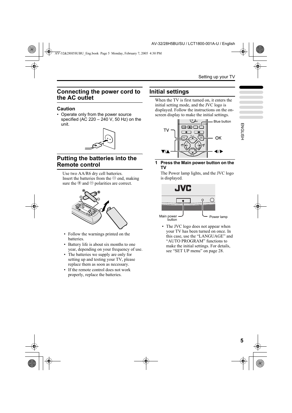 Connecting the power cord to the ac outlet, Putting the batteries into the remote control, Initial settings | Connecting the power cord to the ac, Outlet, Putting the batteries into the remote, Control | JVC 0305MKH-CR-MU User Manual | Page 6 / 135