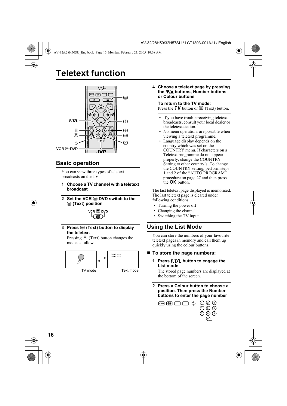 Teletext function, Basic operation, Using the list mode | JVC 0305MKH-CR-MU User Manual | Page 63 / 135