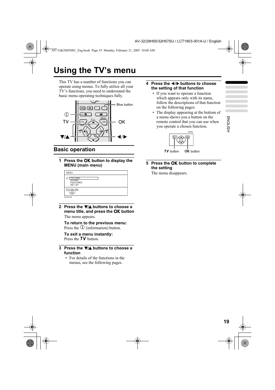 Using the tv’s menu, Basic operation | JVC 0305MKH-CR-MU User Manual | Page 66 / 135