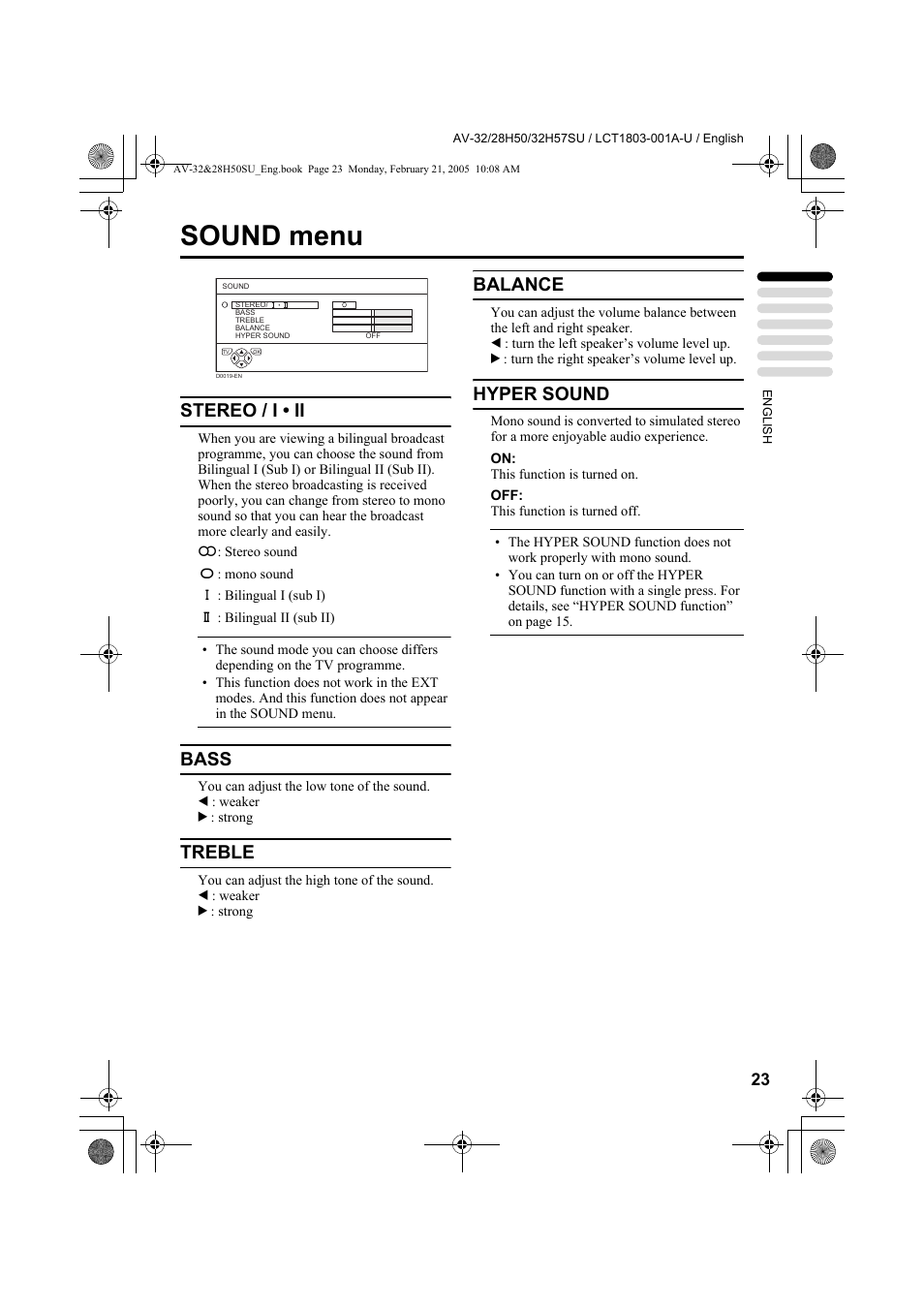 Sound menu, Stereo / i • ii, Bass | Treble, Balance, Hyper sound | JVC 0305MKH-CR-MU User Manual | Page 70 / 135