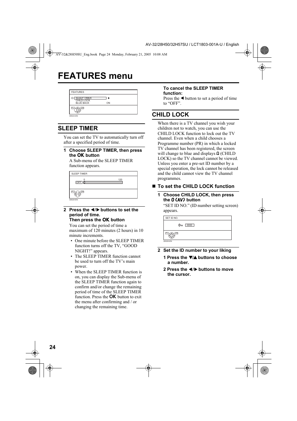 Features menu, Sleep timer, Child lock | JVC 0305MKH-CR-MU User Manual | Page 71 / 135