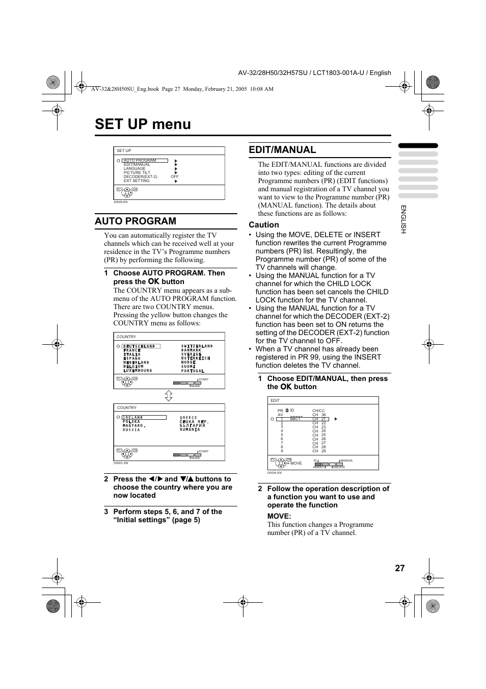Set up menu, Auto program, Edit/manual | Caution | JVC 0305MKH-CR-MU User Manual | Page 74 / 135