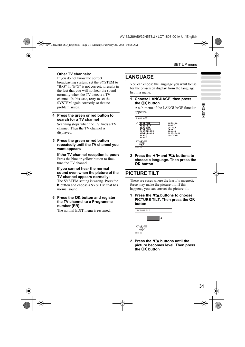 Language, Picture tilt | JVC 0305MKH-CR-MU User Manual | Page 78 / 135