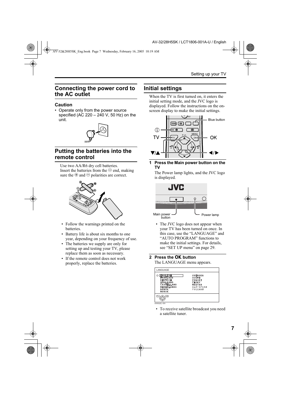 Connecting the power cord to the ac outlet, Putting the batteries into the remote control, Initial settings | Connecting the power cord to the ac, Outlet, Putting the batteries into the remote, Control | JVC 0305MKH-CR-MU User Manual | Page 98 / 135