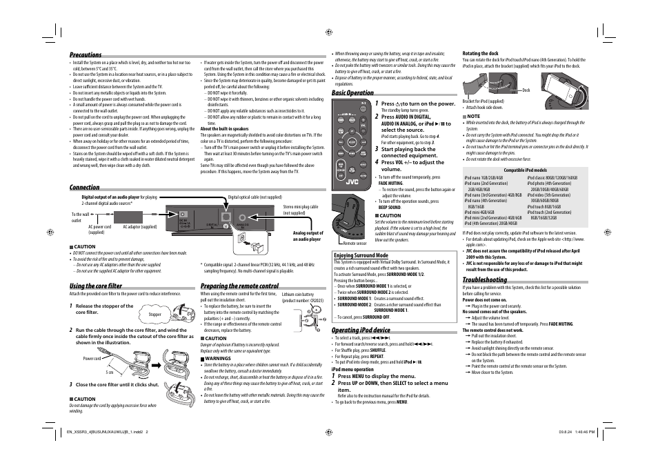 Using the core filter, Operating ipod device, Connection 1 | Preparing the remote control, Precautions troubleshooting, Basic operation | JVC GVT0291-004B User Manual | Page 2 / 2