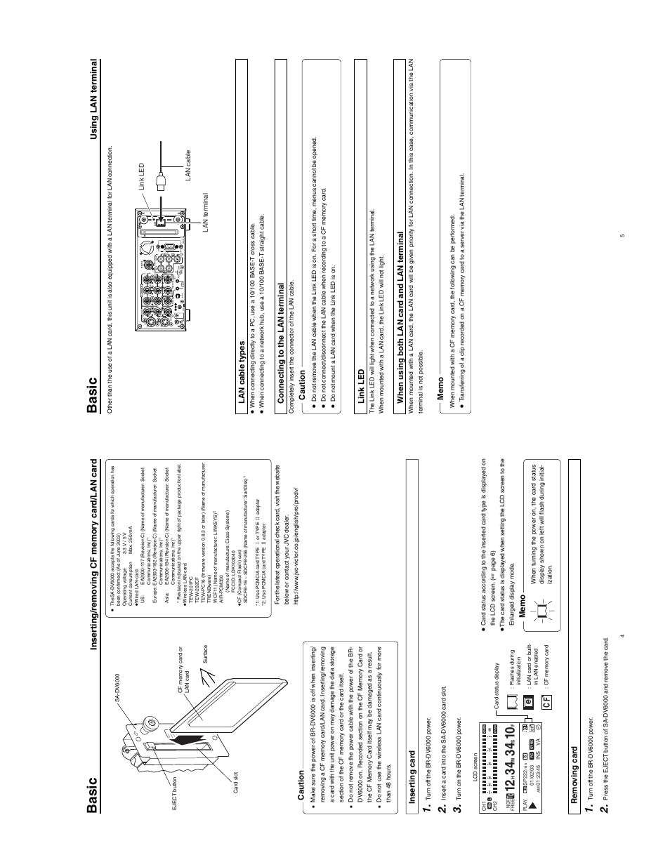 Basic, Ec f, Using lan terminal | Caution, Inser ting car d, Remo ving car d, Lan cab le types, Connecting to the lan terminal, Link led, When using both lan car d and lan terminal | JVC SA-DV6000 User Manual | Page 10 / 43