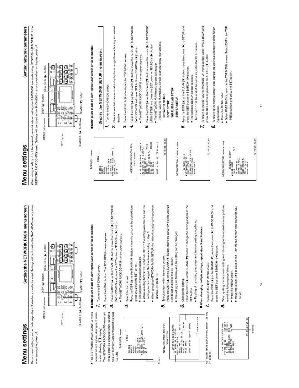 Men u settings, Setting the netw ork p a ck men u screen, Setting netw ork parameter s | Displa y the netw ork setup men u screen | JVC SA-DV6000 User Manual | Page 13 / 43