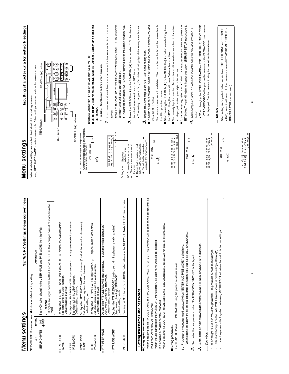 Men u settings, Netw ork settings men u screen item, Inputting c haracter data f or netw ork settings | Setting user names and pass w o rd s, Caution | JVC SA-DV6000 User Manual | Page 15 / 43